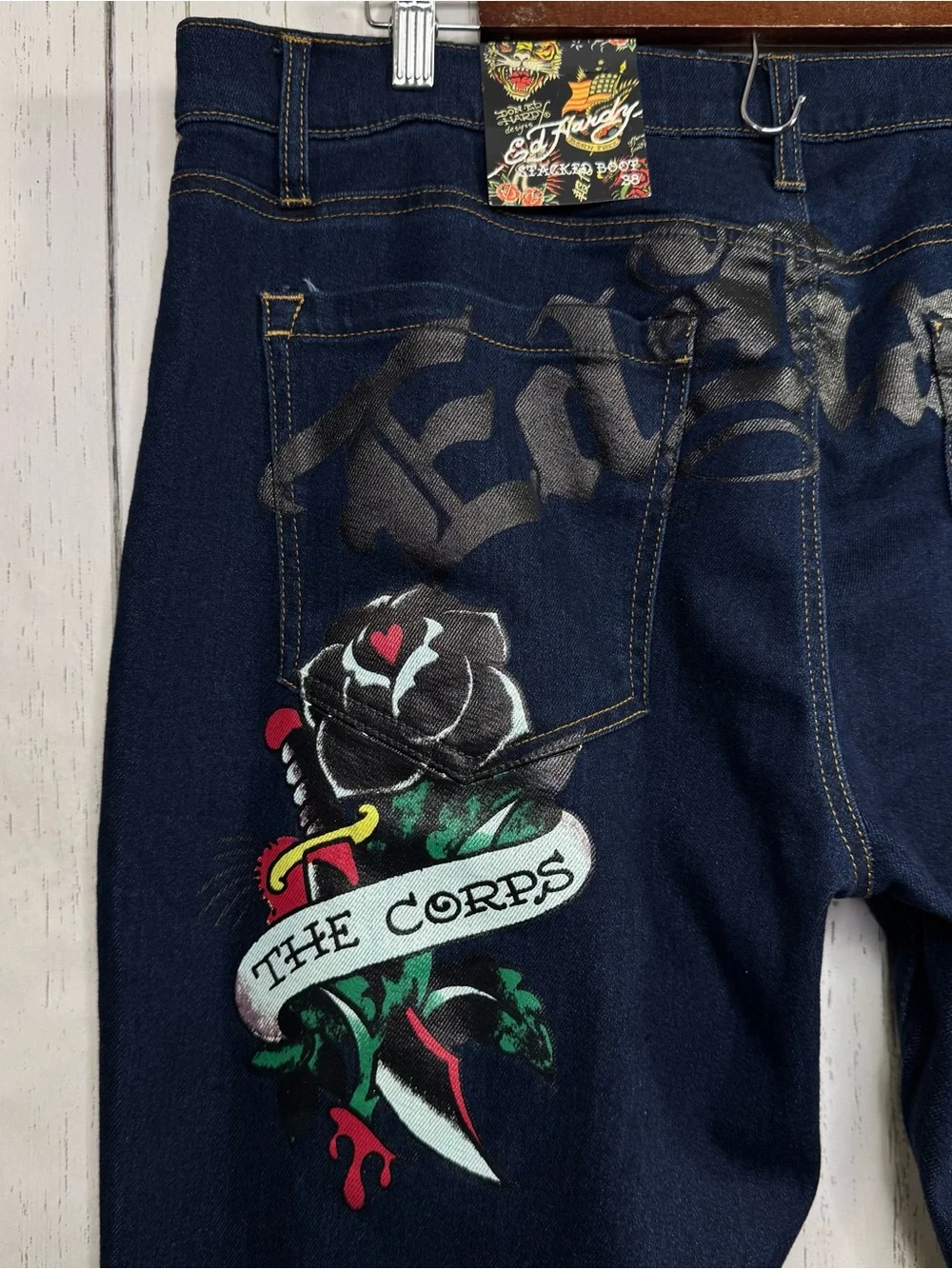 Ed Hardy Denim Jeans 38 Snake Rose Embroidered Straight Y2K Tattoo Grunge NWT